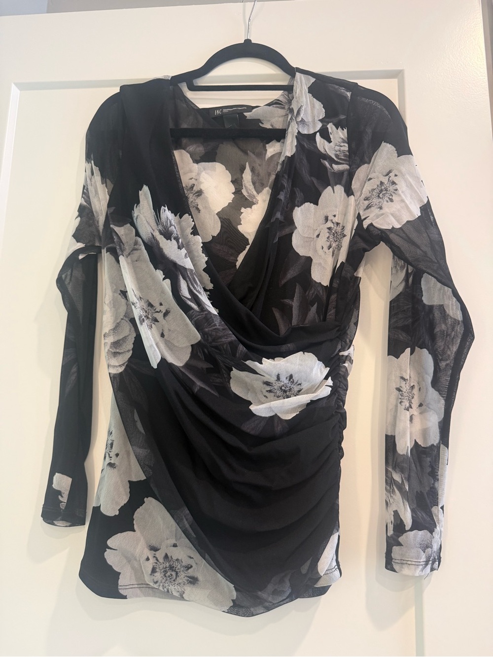 INC International Concepts Black & White Floral Draped Cowl Neck Blouse